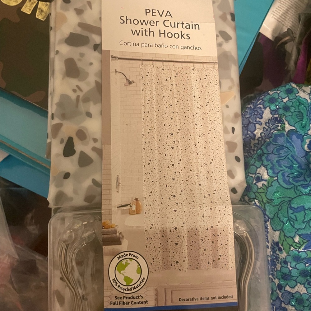 PEVA Shower Curtain with Hooks - Black and Gray